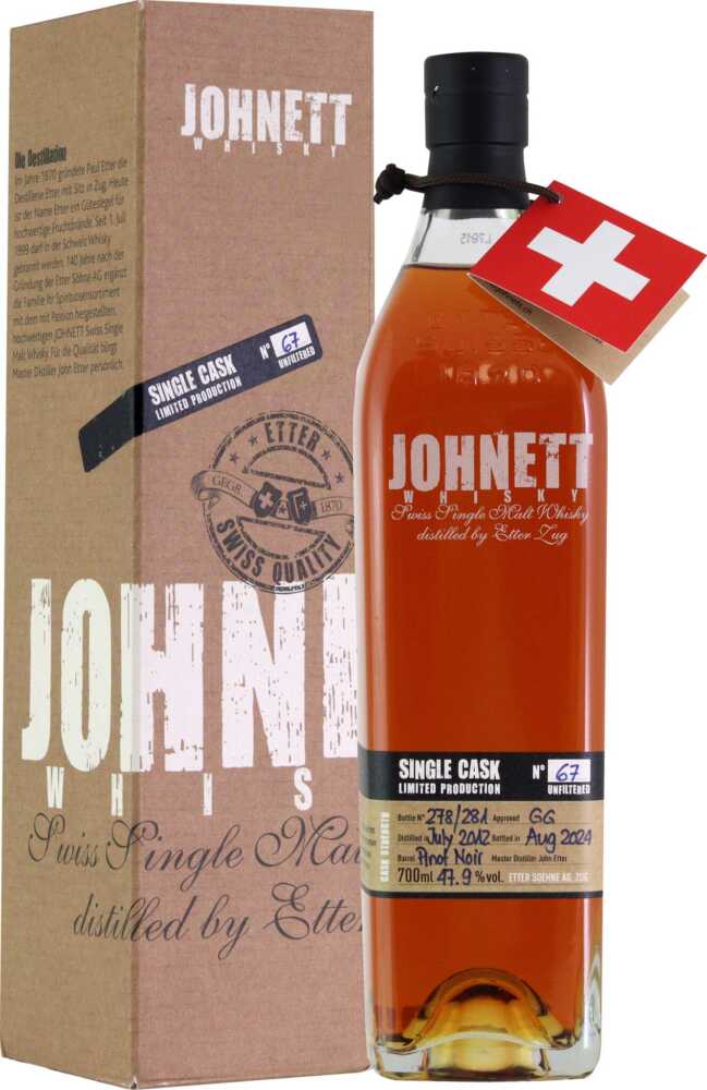 Etter Söhne AG Distillerie Zug Johnett Single Cask No 67 47,9%Swiss Single Malt Whisky A002  0.7 L Flasche