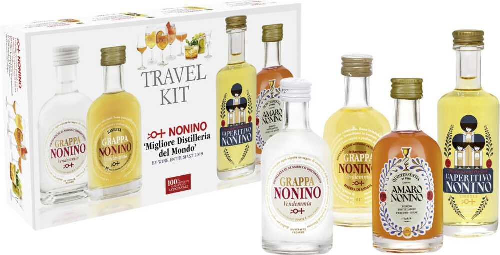 Nonino Distillatori Travel Kit 4X0,05L Je 1X0,05L: Grappa Vendemmia 40%, Vend. Riserva 41% NV  0.5 L Flasche